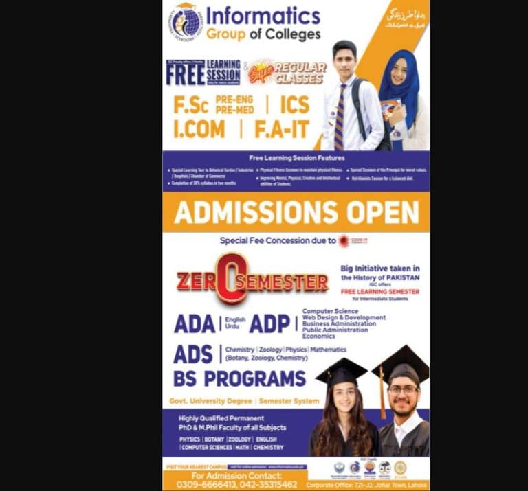 Informatics Group of Colleges Lahore Admissions 2021 -2022