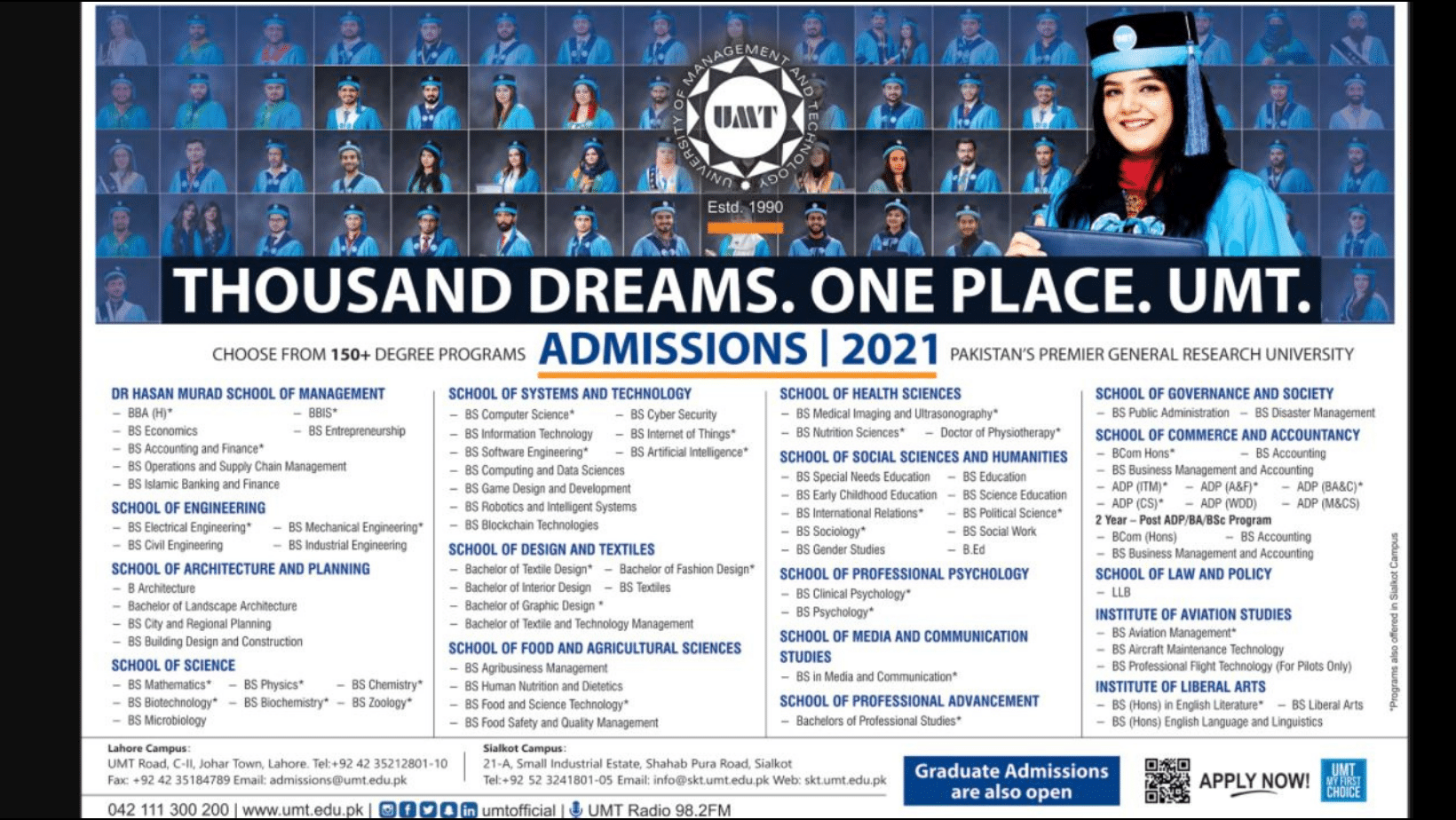 University of Management and Technology UMT Johar Town Lahore Admissions 2021