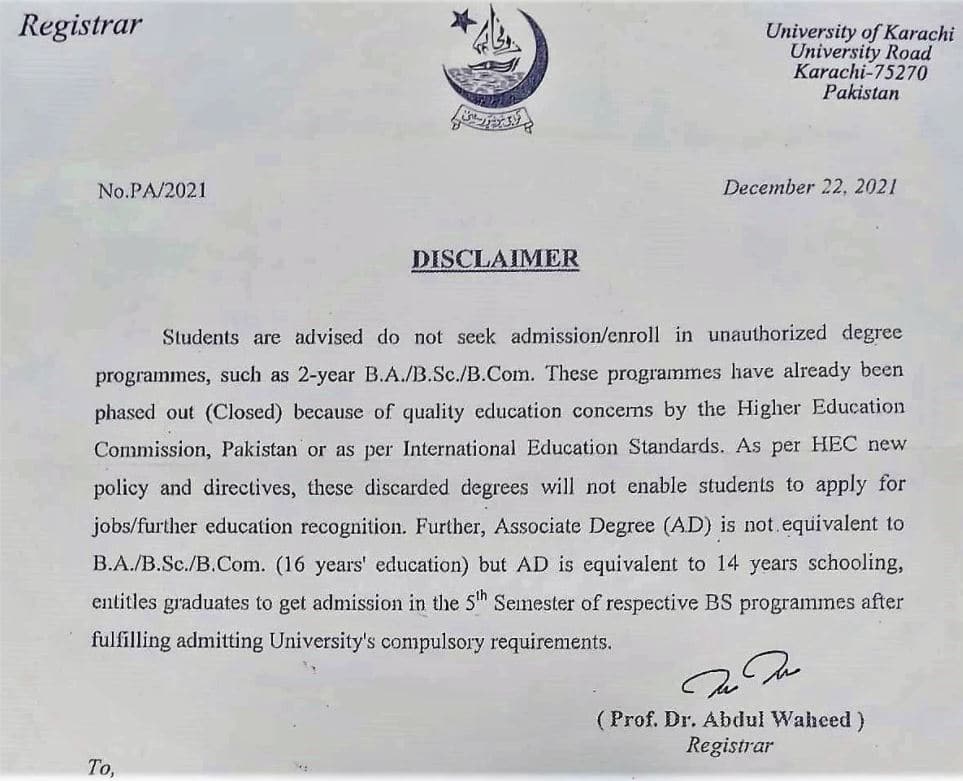 Karachi University Issues BA BSc Program Alert 2022